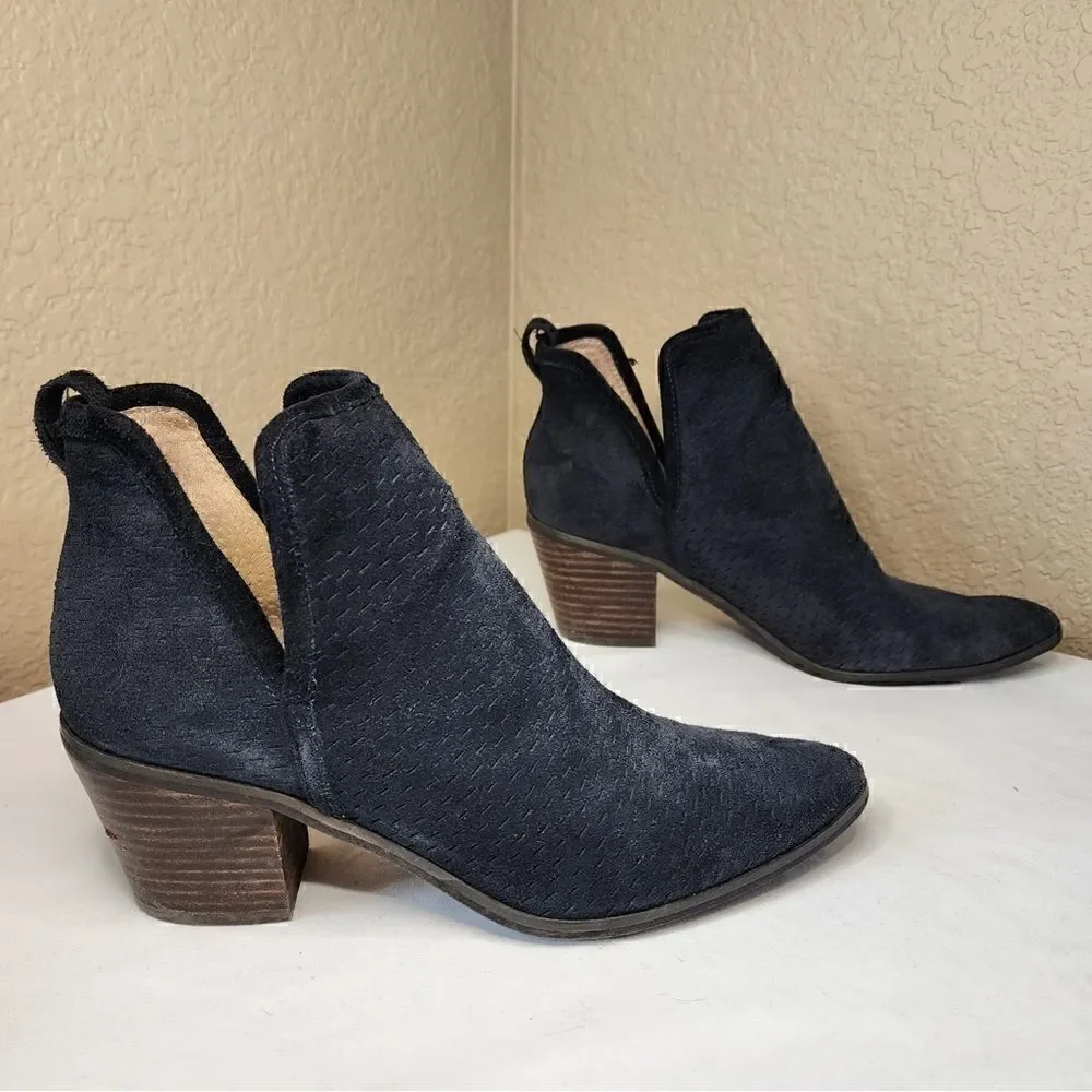 Lucky Brand- Loria Black Suede Leather Upper Heeled Booties Perforated, Size 8.5